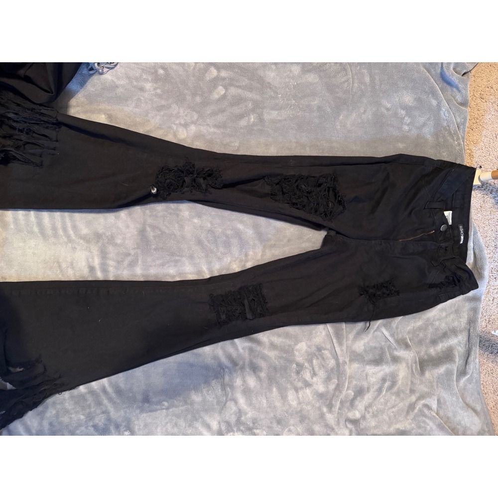 Fashion Nova Black Distressed Flare Jeans High Waisted Ripped Denim Size 9 29